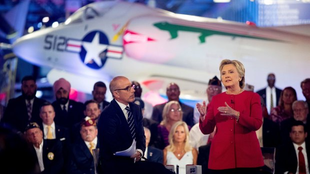 Democratic presidential candidate Hillary Clinton, with 'Today' show co-anchor Matt Lauer, left, at the NBC Commander-In-Chief Forum held at the Intrepid Sea, Air and Space museum.