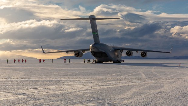 The arrival of the C17 marks the start of the summer Antarctic season in Christchurch. Seen here at Phoenix Air Field on the Ross Ice Shelf.