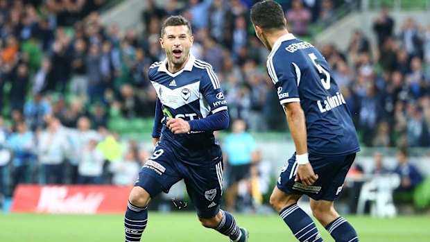 Kosta Barbarouses is elated after opening the scoring for Victory.