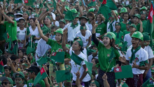Supporters of Myanmar's military backed Union Solidarity and Development Party (USDP) at a rally in Yangon on Friday. 