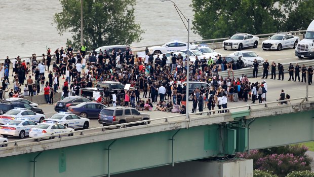 Black Lives Matter protesters gather on the Hernando Desoto Bridge in Memphis, Tennenessee on Sunday.