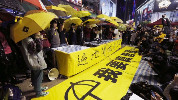 Pro-democracy protesters at a farewell rally in Hong Kong.