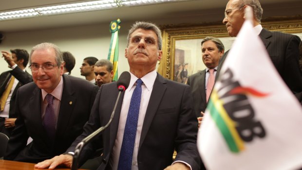 From left: the speaker of Brazil's lower house of Congress Eduardo Cunha, PMDB Vice President Romero Juca and Eliseu Padilha, a former transport minister.