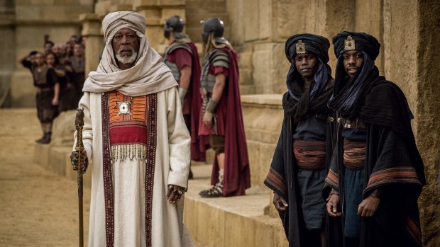 Morgan Freeman as Nubian gambler Sheilk Ilderim, who takes <i>Ben-Hur</i> under his wing.