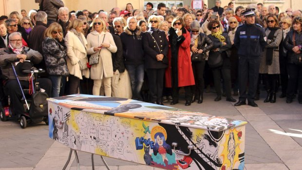 The painted coffin of  Aurelie de Peretti, who was killed at the Bataclan concert hall during the Paris attacks, is pictured during her funeral ceremony in Saint-Tropez, French Riviera, on Thursday. 