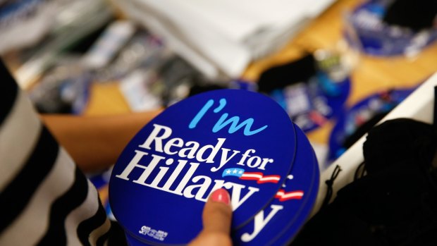 "Ready for Hillary" adorns campaign badges for the campaign. 