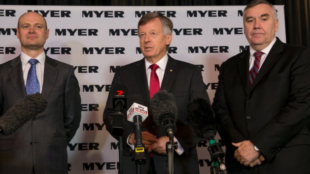 Myer chairman Paul McClintock (centre) faces  a shareholder backlash over the $9.3 million paid to key executives, including  former CEO Bernie Brookes (right) and his successor, Richard Umbers.
 
