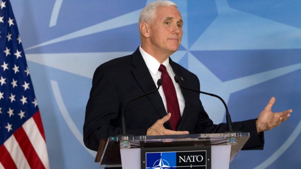 US Vice-President Mike Pence speaks at NATO headquarters in Brussels on Monday.