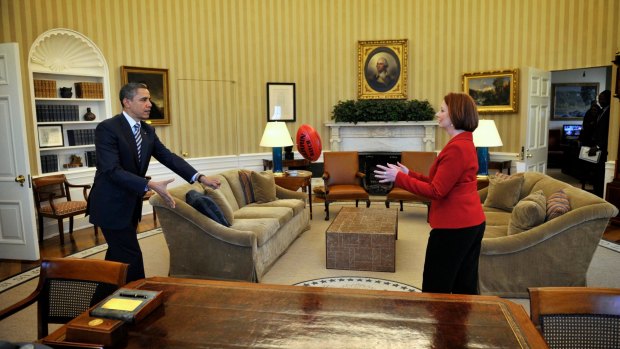 Then-Prime Minister Julia Gillard gave President Obama his first AFL ball during her visit to Washington in March 2011.