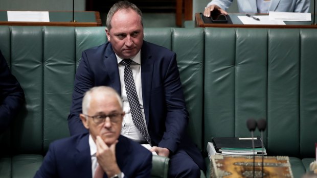 A glum Barnaby Joyce sits behind Malcolm Turnbull in Question
 Time on Wednesday.