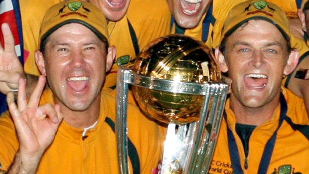 Ricky Ponting and Adam Gilchrist pose with the 2007 World Cup trophy at Kensington Oval in Bridgetown.