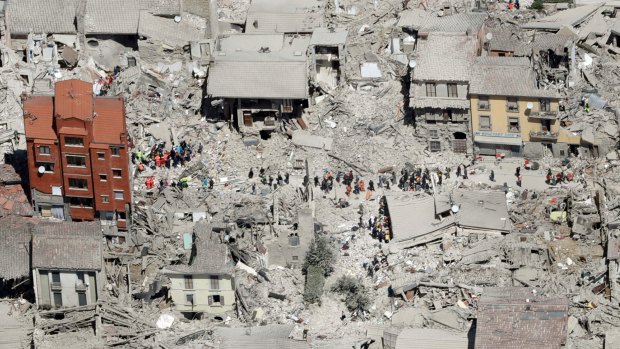 This aerial photo shows the damaged buildings in the town of Amatrice.