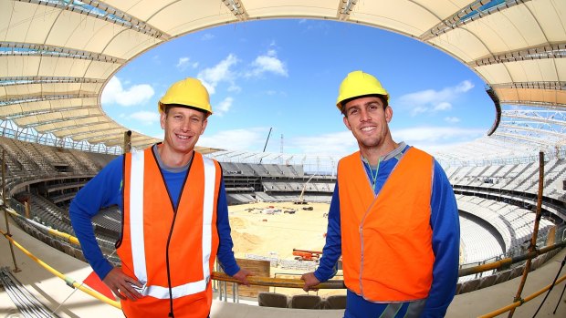 Australian players Adam Voges and Mitchell Marsh during the new Perth Stadium tour.