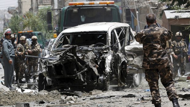 The destroyed vehicle used in the suicide attack in Kabul on Tuesday. 