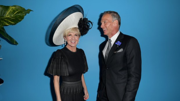 Deputy Liberal leader Julie Bishop and her partner David Panton in the Myer Marquee at the Birdcage on Victoria Derby Day.