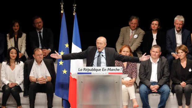 French Interior Minister Gerard Collomb delivers a speech during a campaign rally of Emmanuel Macron's political movement 'La Republique En Marche' in Villeurbanne, near Lyon.