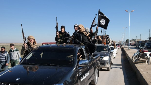 A convoy of Islamic State militants in an image from a post on a militant website last year. 