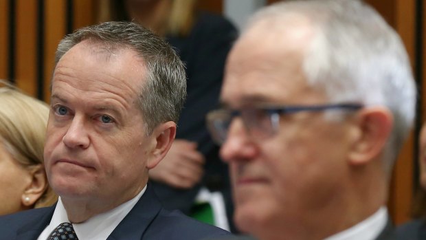 Opposition Leader Bill Shorten and Prime Minister Malcolm Turnbull at a family violence event on Tuesday.