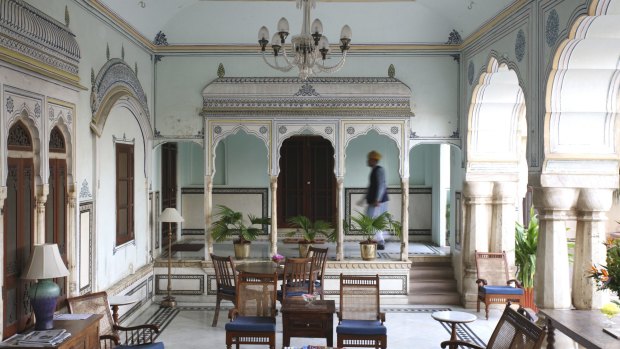 The romantic Samode Haveli hotel is an oasis of calm away from the bustling Jaipur Literature Festival.
