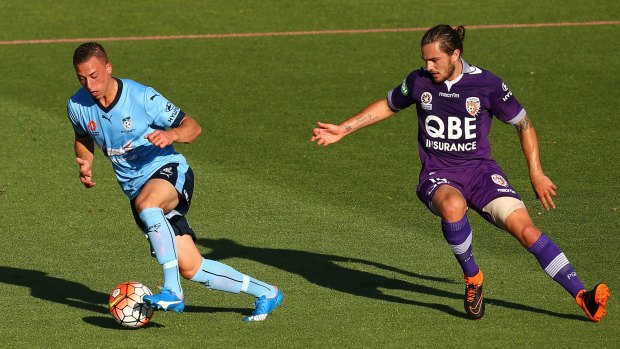 Heated contest: Alex Gersbach controls the ball against Josh Risdon.