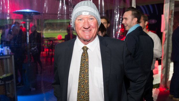 Ray Warren at the Channel Nine State of Origin launch with a beanie for brain cancer.