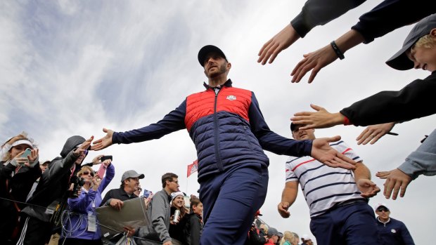 United States' Dustin Johnson walks to the eighth hole during a practice round for the Ryder Cup.