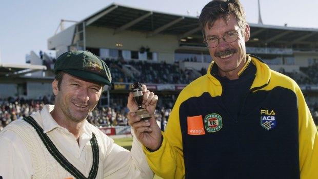 Glory days: Steve Waugh and John Buchanan after winning a Test to retain The Ashes in December 2002.