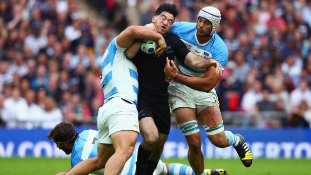 Dogged determination: Former Canterbury under-20s player Nehe Milner-Skudder hits the ball up for the All Blacks against Argentina at Wembley Stadium.