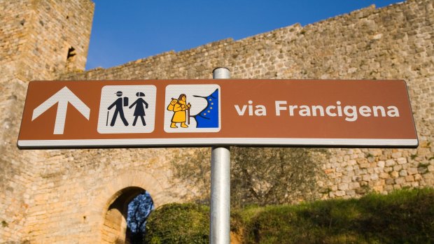 Signpost on the Via Francigena.