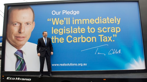 Pledge: Tony Abbott famously used truck-mounted billboards at the 2013 election.