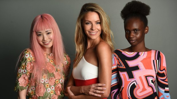 Models Fernanda Ly, Jennifer Hawkins, and Akual-Chels Ring who will be taking part in the Myer Summer collections show at the Horden Pavilion.