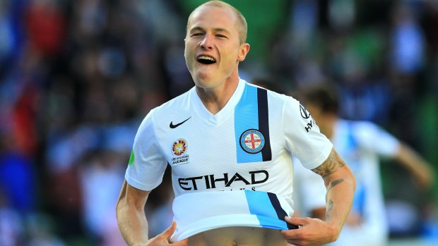 Aaron Mooy celebrates a City goal against Perth Glory.