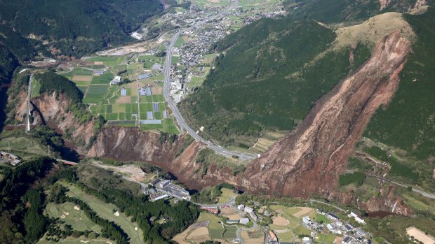 A landslide caused by the earthquake in Minamiaso, Kumamoto prefecture, in southern Japan on Saturday. 