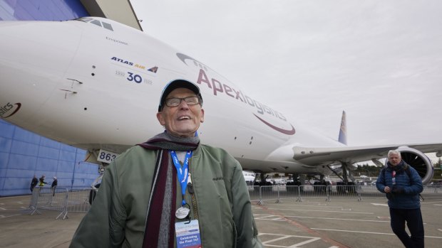 Desi Evans, 92, at the delivery of the final 747. Evans worked on the first ever jumbo jet more than 50 years ago.