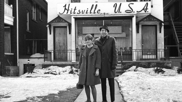 Smokey Robinson and a companion outside Hitsville, Gordy's Detroit studio.