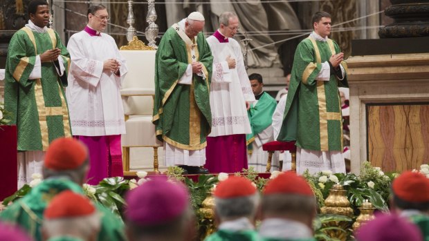 Pope Francis celebrates the opening Mass of the Synod of bishops at the Vatican on Sunday. 