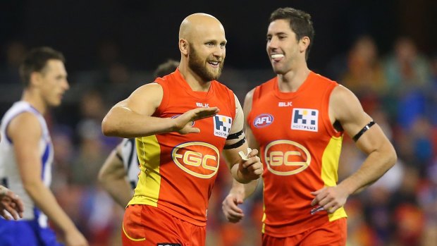Back in his element: Gary Ablett celebrates a goal during his comeback game on Saturday.