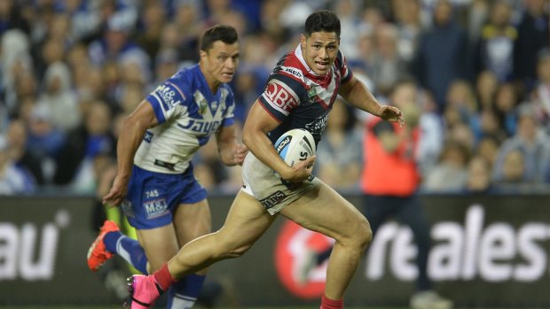 On a tear: Roger Tuivasa-Sheck scores for the Roosters against the Canterbury Bulldogs at Allianz Stadium.