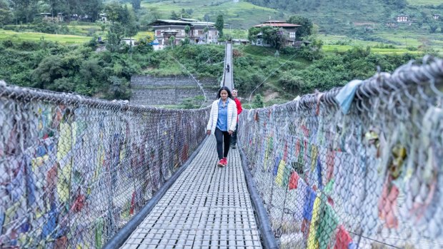 The 150 metre suspension bridge across the Tsang Chu River at Punakha.