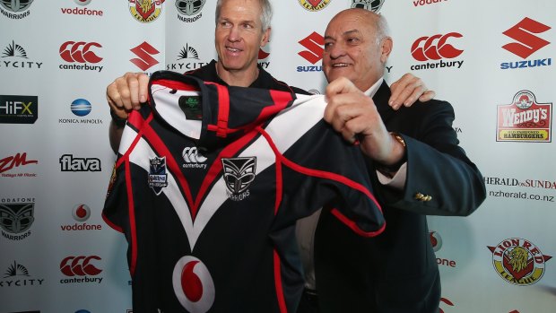 Sir Owen Glenn with NZ Warriors coach Matthew Elliot in 2012.