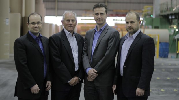 Handing over the reins at Abbe Corrugated. From left to right, Chris O’Sullivan, founder John O’Sullivan, Daniel O’Sullivan and Anthony O’Sullivan.