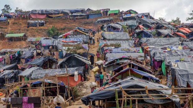 Newly set up tents cover a hill at a refugee camp for Rohingya Muslims in Taiy Khali, Bangladesh.