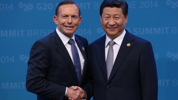 Prime Minister Tony Abbott with Chinese President Xi Jinping at the G20 leaders' summit on the weekend.