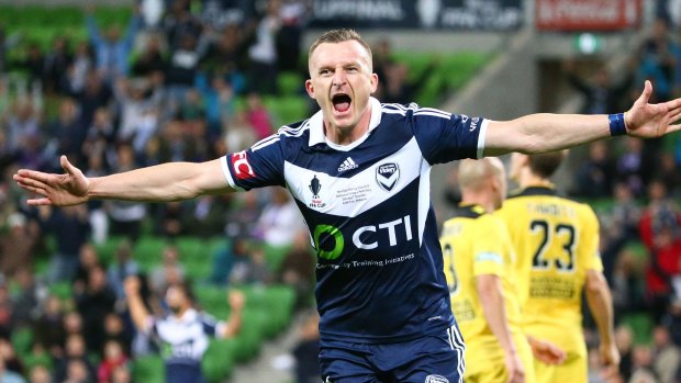 Besart Berisha celebrates after scoring Victory's second goal.