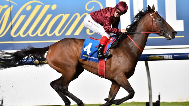 Craig Williams guides Noble Protector home in the Sunline Stakes on Friday.