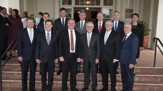Minister for Small and Family Business Craig Laundy (front row, far left) with Prime Minister Malcolm Turnbull's new ministry at Government House in Canberra in December.