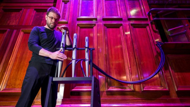 Simon James Phillips with the pipes that have been removed for the performance.