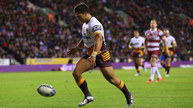 Impressive: Kodi Nikorima chases a loose ball to score a try during the World Club Series match between Wigan Warriors and Brisbane Broncos at DW Stadium.
