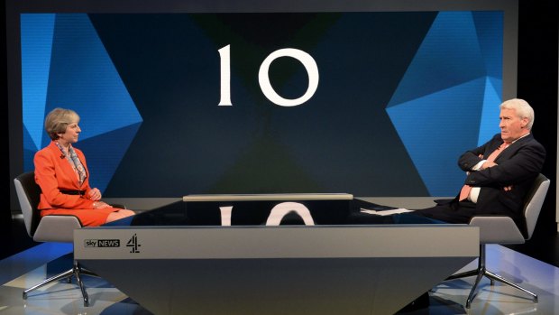Prime Minister Theresa May is interviewed by Jeremy Paxman during a joint Channel 4 and Sky News general election program  'May v Corbyn Live: The Battle for Number 10'.