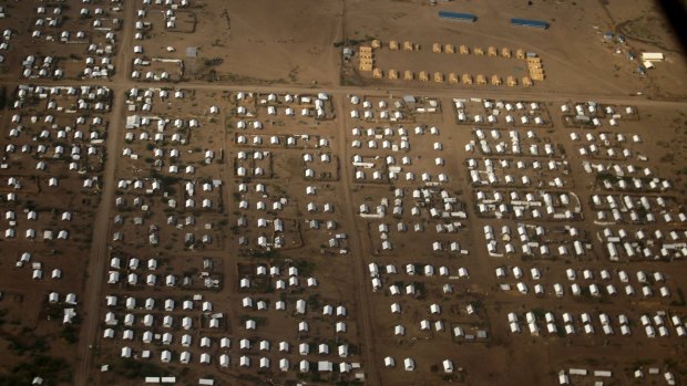 An aerial view shows recently constructed houses at the Kakuma refugee camp in Kenya.